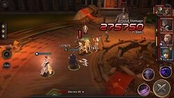 A party of characters fight enemies in an arena-like environment. Shown are the enemy health, damage counters, and icons for activating special abilities.