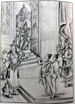 Gate keepers of Vaikunda prevent the saints from entering and they were cursed. Vishnu is rushing to the spot.jpg