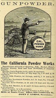 advertisement, with a woodcut of a man firing a pistol, with a barrel of gunpowder and a cannon in the background