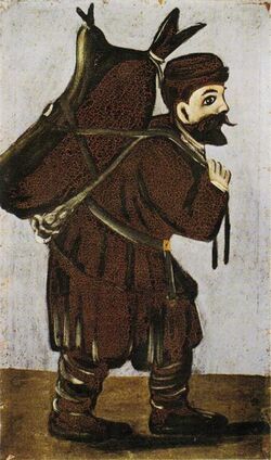 Niko Pirosmani. Porter with a Wineskin. Diptych. Oil on oil-cloth, 51x34 cm. The State Museum of Fine Arts of Georgia, Tbilisi.jpg