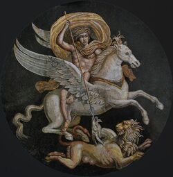 Bellerophon riding Pegasus and killing the Chimera, Roman mosaic, the Rolin Museum in Autun, France, 2nd to 3rd century AD.jpg