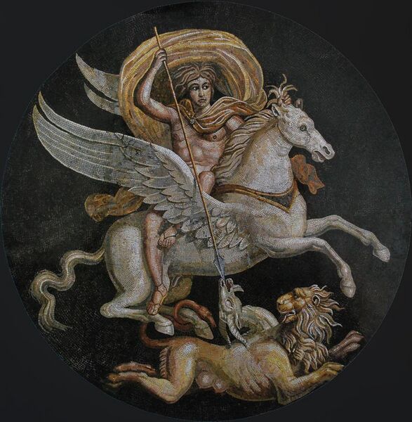 File:Bellerophon riding Pegasus and killing the Chimera, Roman mosaic, the Rolin Museum in Autun, France, 2nd to 3rd century AD.jpg