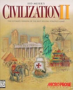 The box art of Civilization II. The title text reads: "Sid Meier's Civilization II. The ultimate version of the best-selling strategy game."