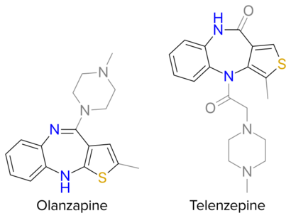 General structure of thienobenzodiazepines. Core is highlighted by black and color. Grey depicts accessory functional groups.
