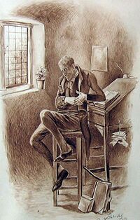 A drawing of a man sitting on a stool at a writing desk