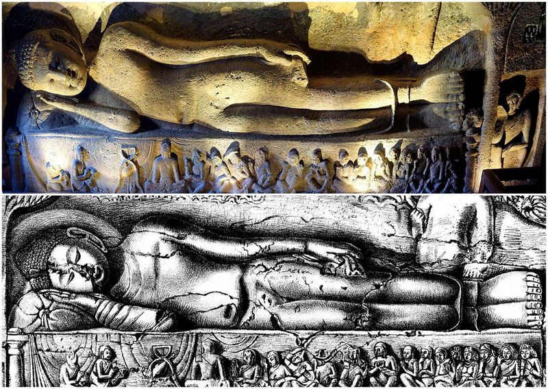 File:19th century sketch and 21st century photo collage, Cave 26 Ajanta, Buddha Parinirvana.jpg