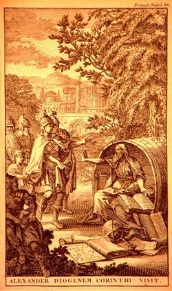 Alexander visits Diogenes in Corinth -Diogenes asks him to stand out of his sun (1696).jpg