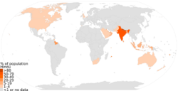Countries by percentage of adherents to Hinduism.svg