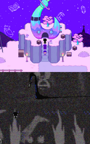 Two images; the top depicting a crescent moon shaped building in the vibrant, childlike world of Headspace. The bottom has a glitchy, monochrome, and foreboding artstyle depicting an ambiguous location with an object designed to resemble a body hanging from a tree.