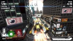 A screenshot of gameplay. The player's ship is airborne in the centre of the screen, and its surroundings display a futuristic adaption of New York City. The game's interface displays the lap and time, current position, number of experience points, and the speedometer.