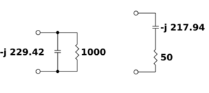 Schematic diagrams of two matching networks with the same impedance
