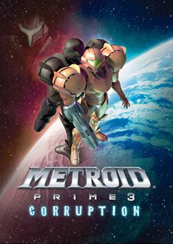 A person in a big, futuristic-looking powered suit with a helmet, a firearm on the right arm and large, bulky, and rounded shoulders. Behind her stands a duplicate of hers wearing a black suit, and the helmet of a creature with similar armor. In the background is a blue planet surrounded by stars. On the lower part of the box is the game title.
