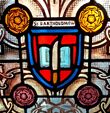 Stained glass window ca. 1900 showing flaying knife, symbol of St. Bartholomew