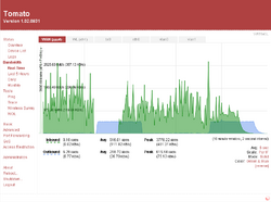 Image of TomatoUSB settings page displaying live line graph of incoming and outgoing router bandwidth