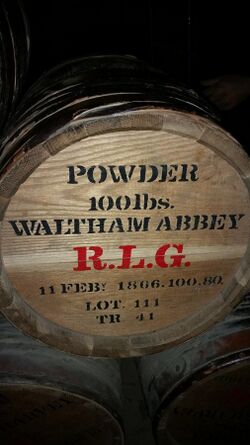 Waltham Abbey gunpowder barrel at the Citadel Hill (Fort George) gunpowder magazine.jpg