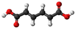 Ball-and-stick model of the trans,trans-muconic acid molecule