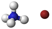 ball-and-stick model of an ammonium cation (left) and a bromide anion (right)