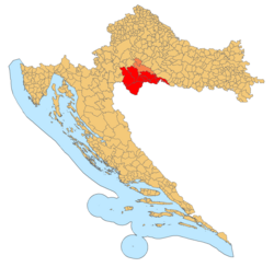 Banovina on a map of Croatia colored in red. Banovina is located in the southern part of Sisak-Moslavina County (City of Sisak and Municipality of Martinska Ves shown in dashed because they are sometimes referred to as parts of Banovina.)
