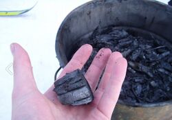 A hand holding a piece of biochar with a bucket of it in the background