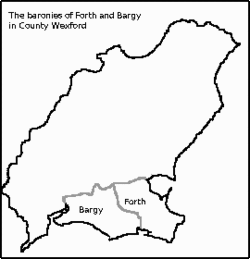 Map of County Wexford showing the baronies of Forth and Bargy in the south