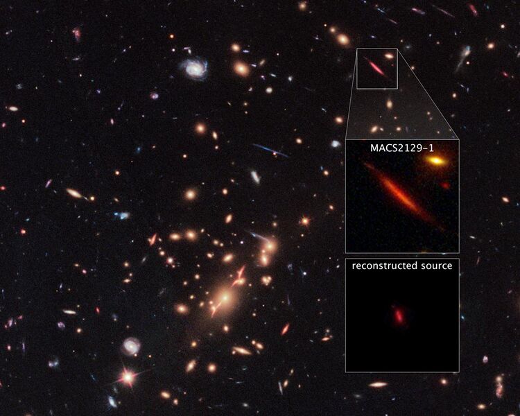 File:Galaxy cluster MACS J2129-0741 and lensed galaxy MACS2129-1.jpg