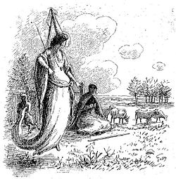 Woman with pointed hat and wand talking to a shepherd