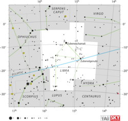 Diagram showing star positions and boundaries of the Libra constellation and its surroundings
