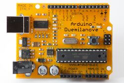 Arduino Duemilanove, an early production example in orange
