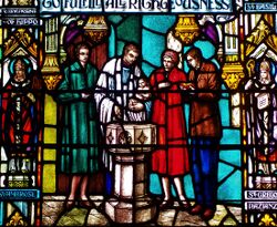 Stained glass window depicting Episcopal baptism.JPG