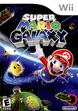 The game's cover art shows Mario flying through space alongside a Luma, a small star-shaped creature.