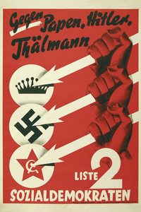 Three Arrows election poster of the Social Democratic Party of Germany, 1932 - Gegen Papen, Hitler, Thälmann.png