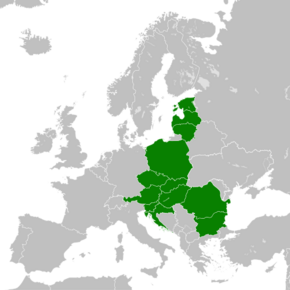 Map of Europe indicating the twelve member states of the Three Seas Initiative