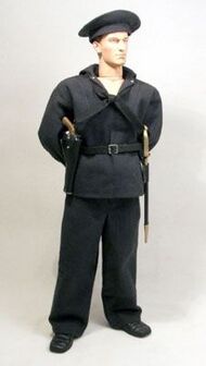 A figurine of a white man wearing a Civil War-era US Navy uniform in a dark "navy" blue.