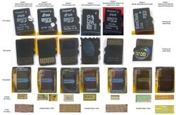 Decapsulated microSD memory card lineup-genuine, questionable, and fake-counterfeit.jpg