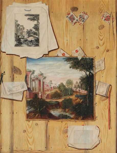File:Jacobus Plasschaert - A 'trompe l'oeil' of a wooden panelling with a painted canvas of a landscape 'capriccio', a pile of prints with a repetition of the painted subject, an almanach, sealed letters.jpg