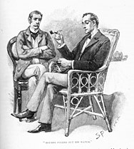 Holmes and Watson sitting in two chairs: Watson has his arms crossed; Holmes is filling his pipe