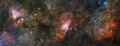 Omega Nebula (left), Eagle Nebula (center), and Sharpless 2-54 (right).