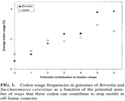 Figure 1. Codon usage frequencies in genomes of Borrelia and Saccharomycs cerevisiae as a function of the potential number of ways that these codons can contribute to stop motifs in off-frame contexts.png
