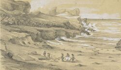 Drawing of men carrying bodies to a grave near the sea, high cliffs in the background