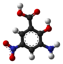 Ball-and-stick model of 3-amino-5-nitrosalicylic acid