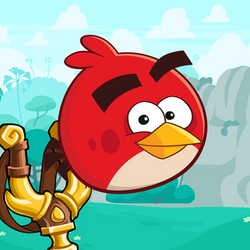 A game image of Red shooting from the slingshot in a current Angry Birds cloud background.