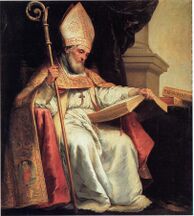A painting of Isidore sitting consulting a book