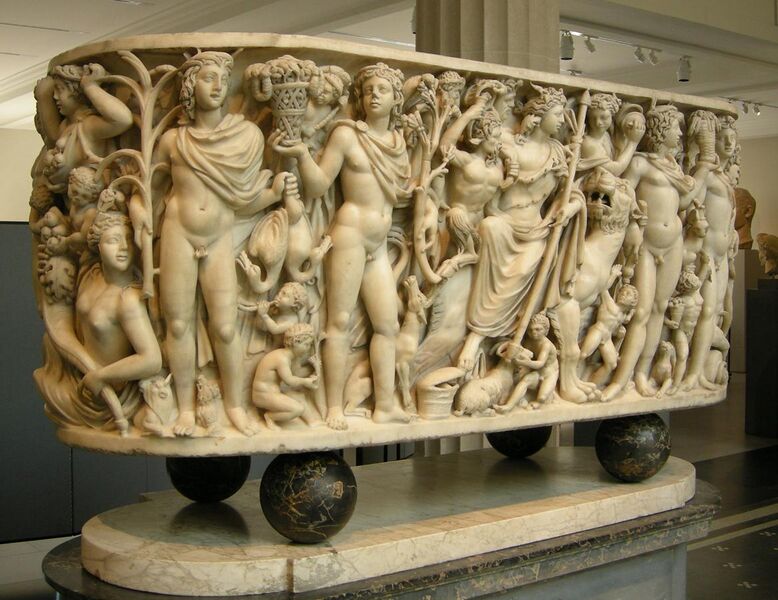 File:Met, roman, sarcophagus with dyonisus on a panther w. attendants, four seasons, tellus and ocean 220-230 ca. 02.JPG