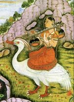 The Hindu Goddess Saraswati riding a white bird and holding a bīn (rudra vīnā)