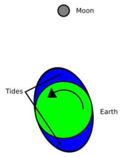 A small gray circle at the top represents the Moon. A green circle centered in a blue ellipse represents the Earth and its oceans. A curved arrow shows the counterclockwise direction of the Earth's rotation, resulting in the long axis of the ellipse being slightly out of alignment with the Moon.