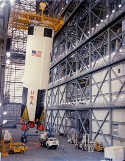 Apollo 8 first stage in the Vehicle Assembly Building.jpg