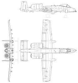 3-view line drawing of the Fairchild Republic A-10 Thunderbolt II