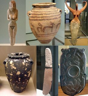 Artifacts of Egypt from the Prehistoric period, from 4400 to 3100 BC. First row from top left: a Badarian ivory figurine, a Naqada jar, a Bat figurine. Second row: a diorite vase, a flint knife, a cosmetic palette.