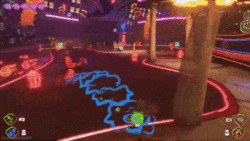 An animated GIF from one of the game's levels, where Raz uses a levitation ball to create distance from an enemy, fires a projectile, and dodges an attack.