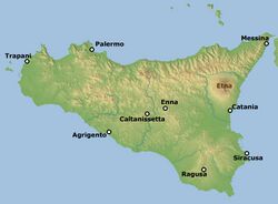 The location of Mount Etna, on the Island of Sicily.